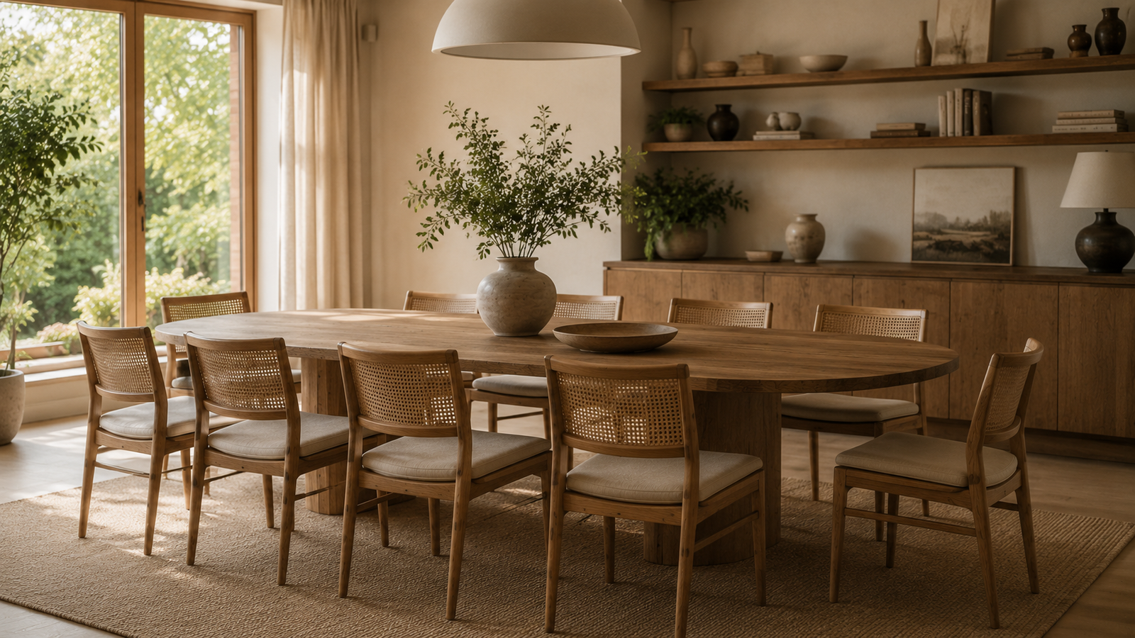 Oval teak dining table with eight cane-back chairs